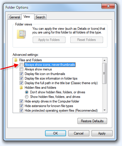 Folder Options: Enable thumbnails