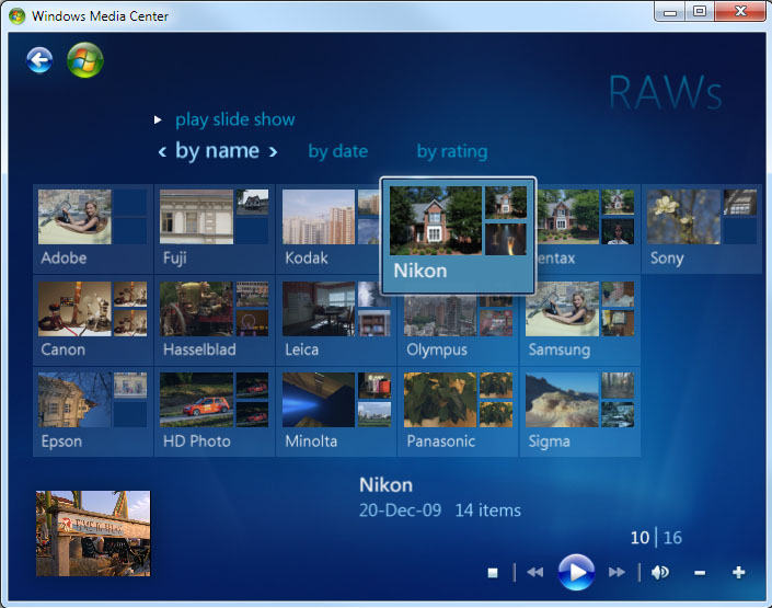 Screenshot: Windows 7 Media Center displays raw images and slideshows!